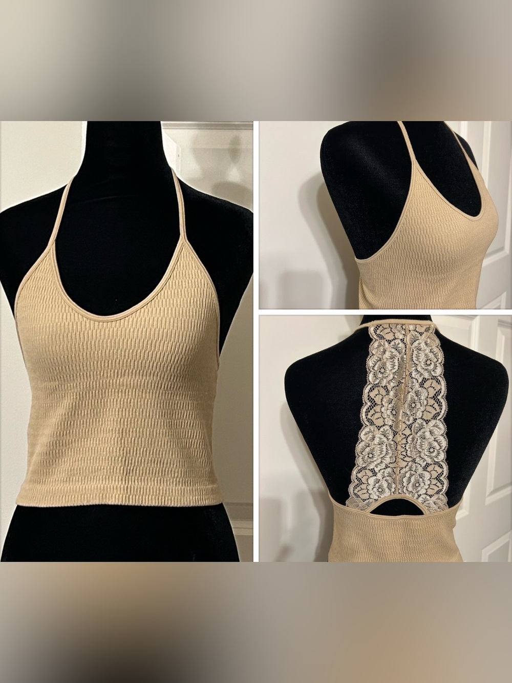 Beige Ribbed Halter Crop Top with Racerback Lace Top